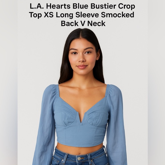 La Hearts Tops - L.A. Hearts Blue Bustier Crop Top XS Long Sleeve Smocked Back V Neck